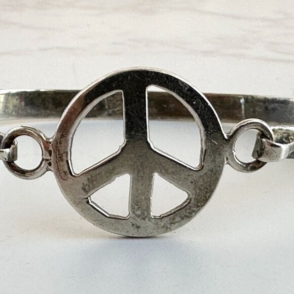 Sterling Silver Peace Sign Baby Bangle 925 Mexico - Picture 2 of 7